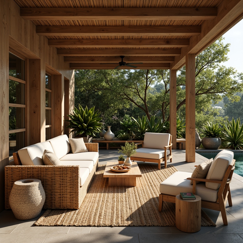 Prompt: Earth-toned wooden accents, organic textures, woven wicker furniture, rattan decorative elements, natural fibers, jute rugs, linen upholstery, reclaimed wood walls, stone flooring, bamboo ceiling panels, living green walls, lush indoor plants, soft warm lighting, shallow depth of field, 3/4 composition, realistic textures, ambient occlusion.