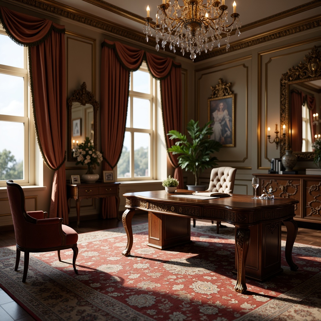 Prompt: Ornate home office, curved wooden desk, intricately carved legs, velvet upholstered chair, gilded accents, crystal chandelier, richly patterned rug, ornamental mirrors, antique furniture pieces, soft warm lighting, 3/4 composition, shallow depth of field, realistic textures, ambient occlusion.