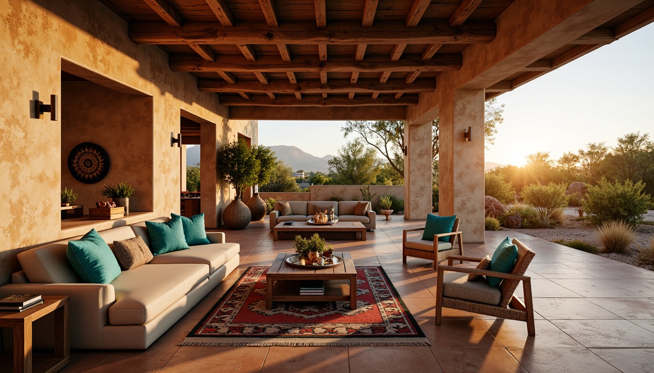 Prompt: Rustic Southwestern living room, earthy terracotta floors, natural stone walls, wooden beams, vibrant turquoise accents, plush sectional sofas, woven wicker armchairs, patterned kilim pillows, geometric Navajo-inspired rugs, distressed wood coffee tables, wrought iron lighting fixtures, warm desert sunset, soft golden lighting, shallow depth of field, 1/2 composition, realistic textures.