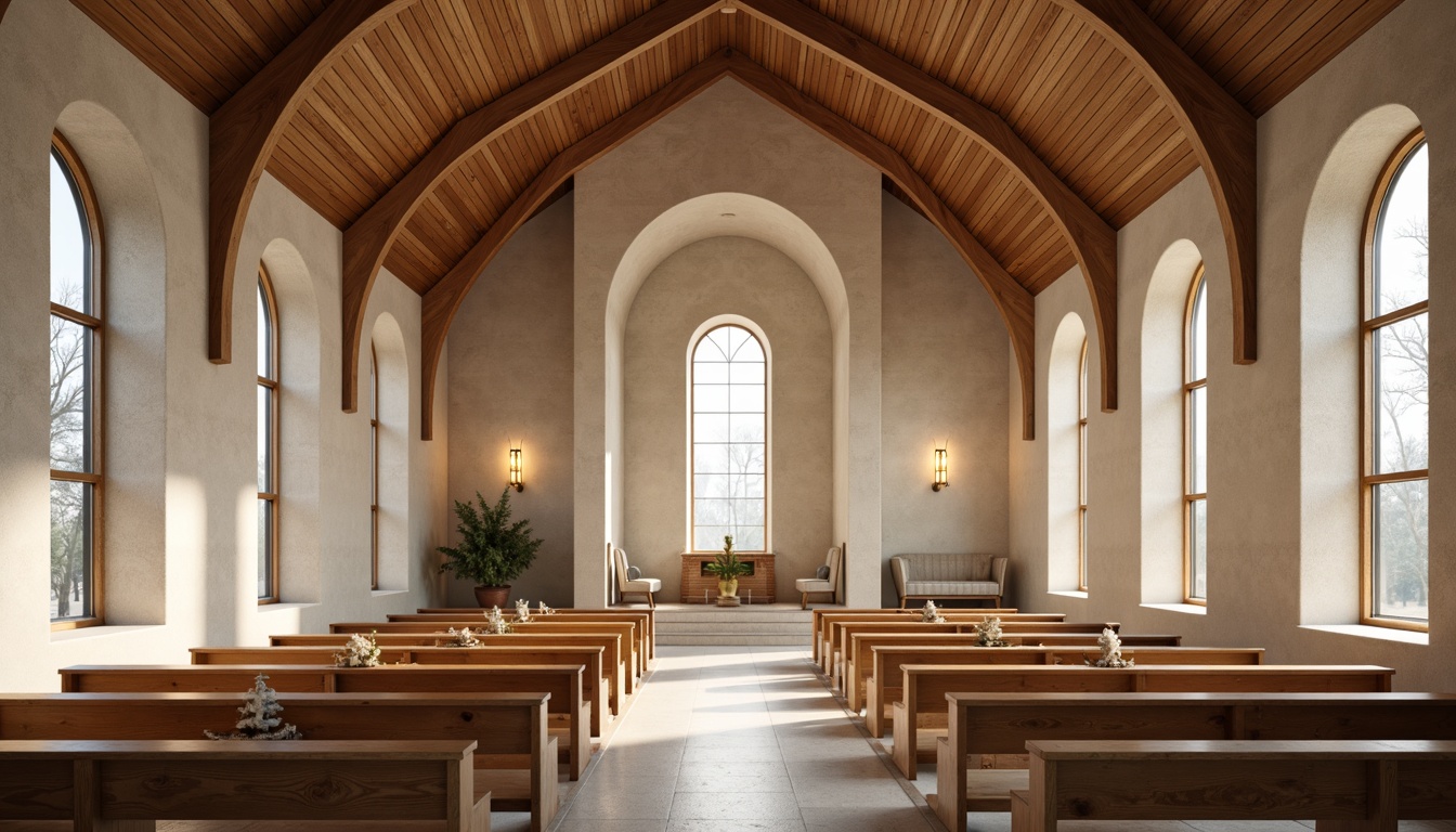 Prompt: Serene Nordic chapels, rustic wooden exteriors, cream-colored stone walls, minimalist stained glass windows, warm beige interiors, soft candlelight, subtle gold accents, natural pine wood pews, simplistic altar designs, gentle snowfall, misty morning light, shallow depth of field, 1/1 composition, symmetrical framing, realistic textures, ambient occlusion.