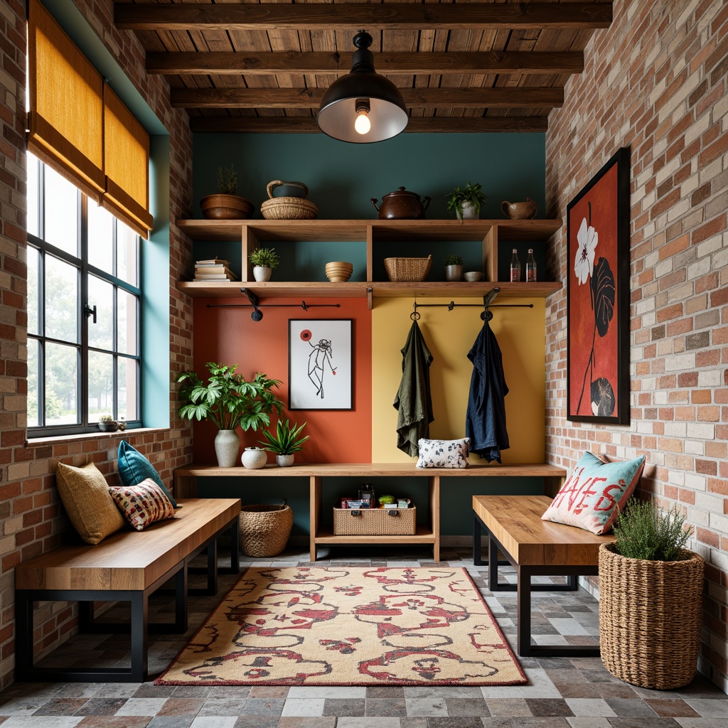 Prompt: Whimsical mudroom, eclectic furniture, distressed wood accents, industrial metal shelving, vibrant color blocking, abstract art pieces, reclaimed wood benches, woven baskets, natural fiber rugs, earthy tone walls, geometric patterned tiles, oversized industrial lighting fixtures, exposed brick textures, modern minimalist decor, functional storage cubbies, ornate metal hooks, playful textiles, bold graphic prints, cozy reading nook, warm ambient lighting, shallow depth of field, 1/1 composition, realistic reflections.