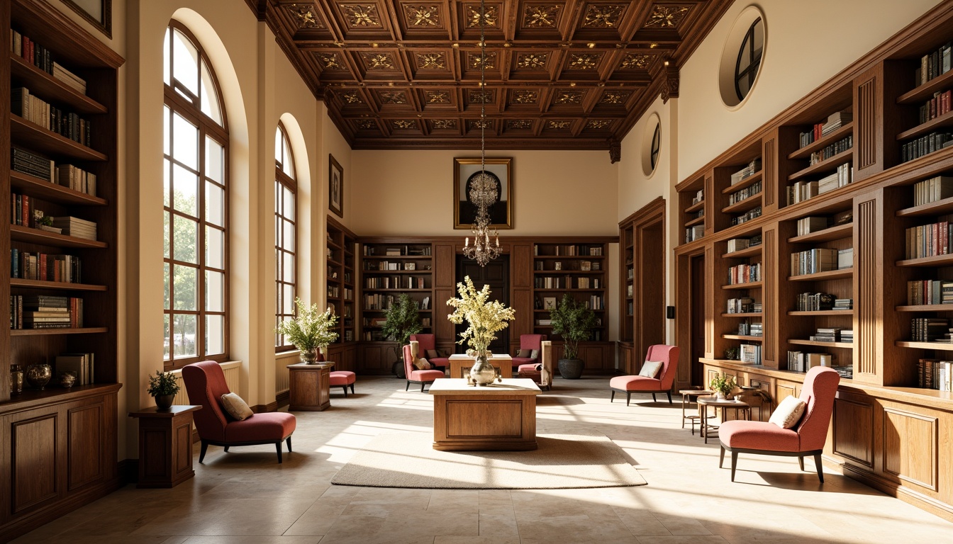 Prompt: Elegant library interior, neoclassical architectural style, warm beige walls, rich dark wood shelving, ornate golden details, soft cream-colored marble floors, stately columns, high ceilings, grand chandeliers, vintage book collections, comfortable reading nooks, plush velvet armchairs, subtle earthy tones, muted sepia hues, warm afternoon sunlight, softbox lighting, shallow depth of field, 1/2 composition, realistic textures, ambient occlusion.