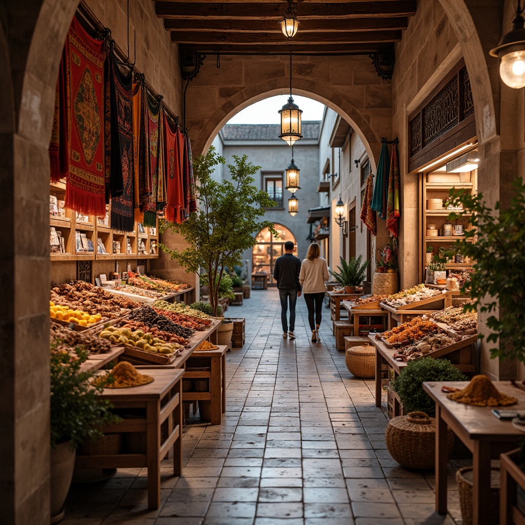 Prompt: Vibrant market stalls, colorful textiles, exotic spices, traditional Moroccan lanterns, intricately patterned rugs, rustic wooden crates, woven baskets, ornate metalwork, decorative tiles, archways, natural stone walls, earthy color palette, warm soft lighting, shallow depth of field, 1/1 composition, realistic textures, ambient occlusion.