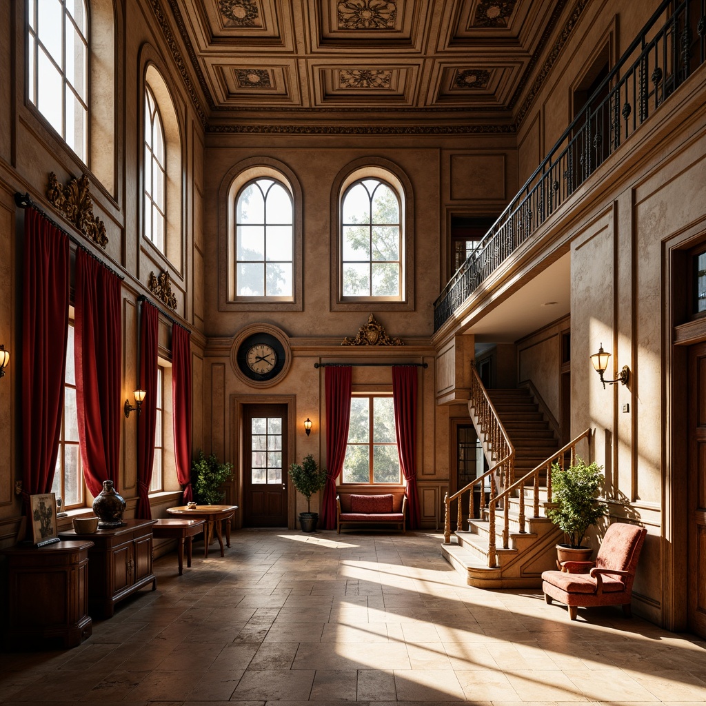 Prompt: Historic courthouse building, eclectic architectural style, ornate stone carvings, stained glass windows, intricate woodwork details, grand staircase, rich burgundy walls, warm beige floors, soft golden lighting, dramatic ceiling heights, luxurious velvet drapes, antique furniture pieces, vintage legal books, classic clock tower, sunny afternoon, shallow depth of field, 2/3 composition, realistic textures, ambient occlusion.