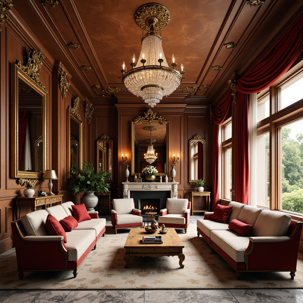 Prompt: Elegant living room, neoclassical architecture, ornate moldings, intricate carvings, rich wood tones, luxurious fabrics, velvet upholstery, gilded frames, crystal chandeliers, marble floors, symmetrical compositions, balanced proportions, refined details, sophisticated color palette, soft warm lighting, subtle shading, realistic textures, ambient occlusion, ornate mirrors, antique vases, lavish drapery, tufted sofas, curved lines, stately atmosphere.