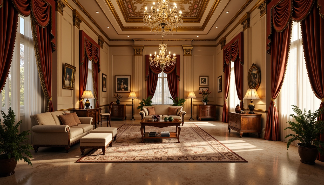 Prompt: Elegant mansion, ornate chandeliers, lavish velvet drapes, antique wooden furniture, intricately carved decorations, soft golden lighting, luxurious silk upholstery, rich mahogany wood tones, classic Greek columns, ornamental mirrors, refined bronze accents, subtle cream-colored walls, sophisticated floor lamps, plush area rugs, vintage artwork, warm beige marble floors, 1/1 composition, shallow depth of field, realistic textures, ambient occlusion.