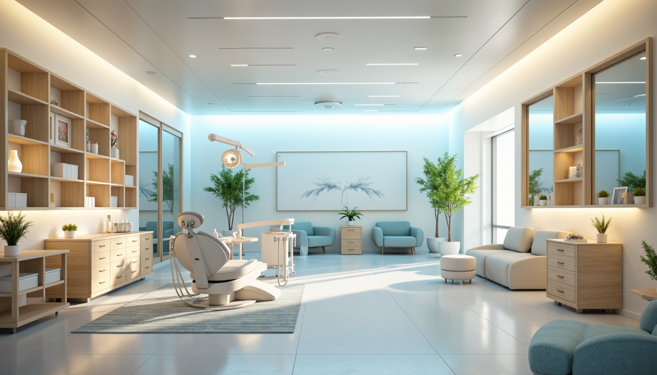 Prompt: Calming dental clinic atmosphere, soft pastel colors, gentle cream tones, soothing blue hues, crisp white accents, natural wood textures, minimal modern furniture, warm LED lighting, shallow depth of field, 1/1 composition, realistic reflections, ambient occlusion.