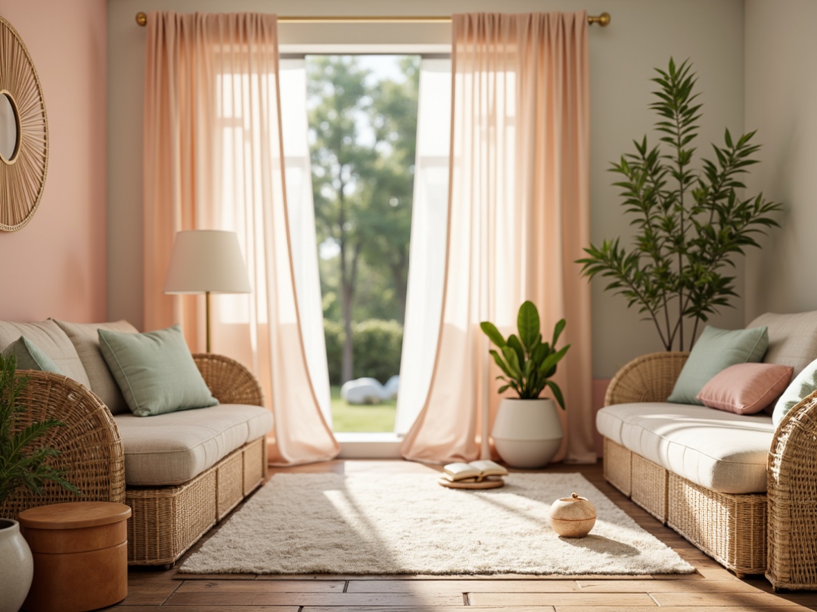 Prompt: Pastel hues, soft peach tones, calming mint greens, creamy whites, warm beige accents, gentle lavender shades, subtle gold highlights, natural wood textures, woven fibers, organic patterns, earthy terracotta, serene ambiance, warm sunlight, soft focus, shallow depth of field, 1/1 composition, intimate view, realistic rendering.