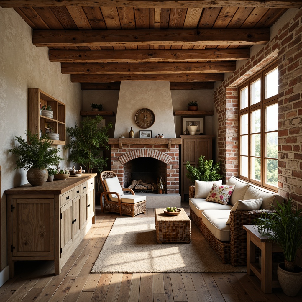 Prompt: Rustic farmhouse interior, reclaimed wood accents, exposed brick walls, vintage metal decor, distressed wooden floors, soft warm lighting, natural linen textiles, earthy color palette, woven wicker furniture, potted greenery, floral patterns, traditional country kitchen, antique furniture pieces, brick-red hues, creamy whites, natural stone fireplaces, cozy reading nooks, 1/1 composition, intimate warm atmosphere, soft focus blur.