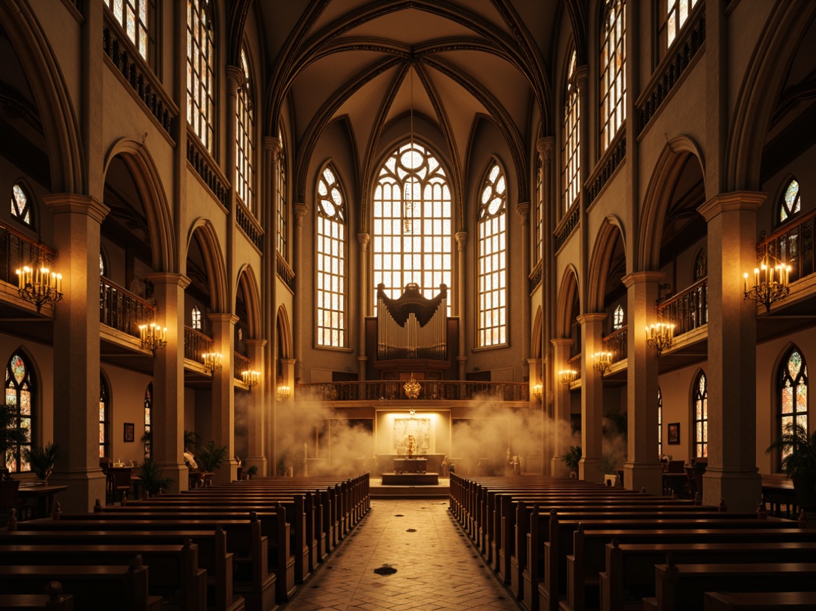 Prompt: Dramatic cathedral interior, vaulted ceilings, stained glass windows, grandiose chandeliers, warm golden lighting, mysterious shadows, eerie candlelight, ornate stone carvings, intricate wooden furnishings, majestic pipe organs, mystical ambiance, soft fog effects, warm color palette, high contrast ratio, 1/1 composition, symmetrical framing, cinematic mood, realistic textures, subtle camera movements.