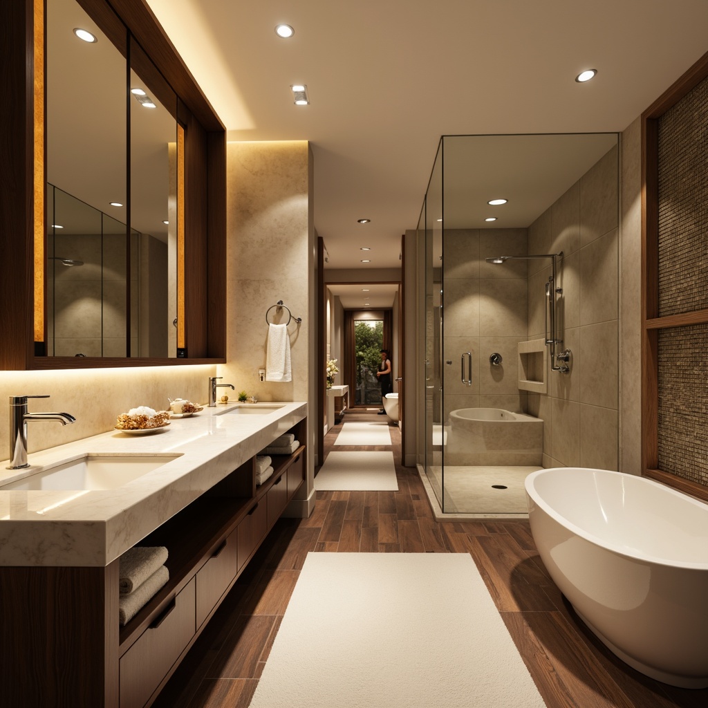 Prompt: Luxurious bathroom, elegant vanity, polished chrome fixtures, soft-close drawers, Carrara marble countertops, wall-mounted cabinets, LED lighting, floor-to-ceiling mirrors, spa-like ambiance, modern minimalist design, freestanding tubs, rainfall showerheads, warm beige walls, dark wood flooring, natural stone accents, ambient warm lighting, shallow depth of field, 1/1 composition, realistic textures.