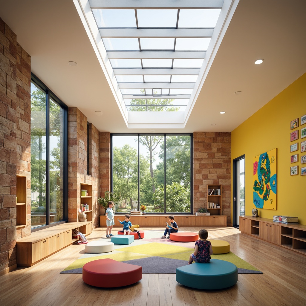 Prompt: Vibrant kindergarten interior, large windows, clerestory windows, skylights, transparent roofing, natural stone walls, warm wood flooring, bright color schemes, minimalist furniture, open classrooms, collaborative learning spaces, circular reading nooks, soft cushions, educational wall art, playful textiles, gentle diffused lighting, 1/1 composition, shallow depth of field, realistic textures, ambient occlusion.