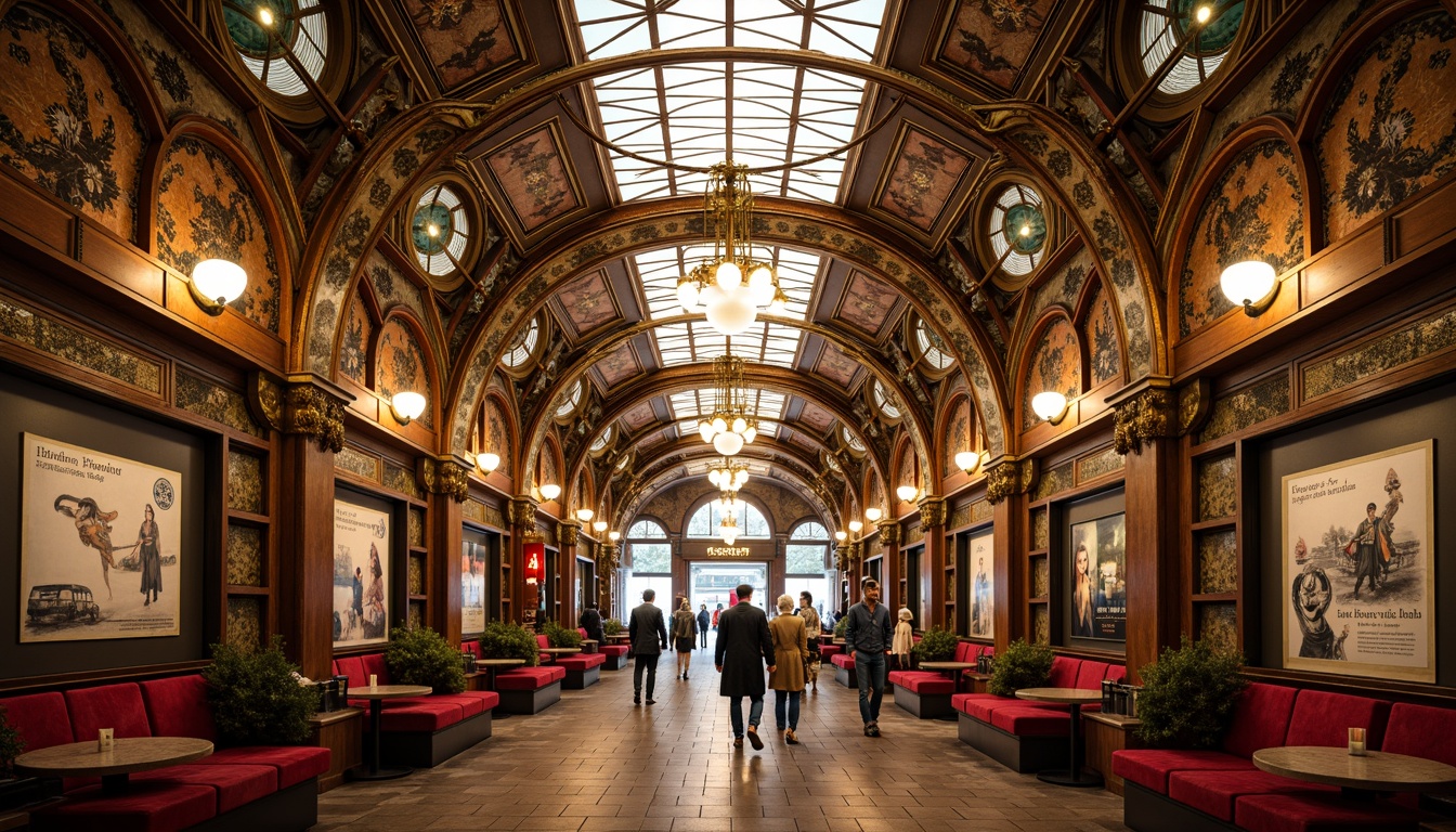 Prompt: Elegant metro station, ornate metalwork, flowing curves, organic forms, luxurious seating areas, velvet upholstery, polished brass accents, stained glass ceilings, intricate mosaics, grand chandeliers, dramatic archways, rich wood tones, ornamental ironwork, vintage advertisements, bustling city atmosphere, warm soft lighting, shallow depth of field, 1/1 composition, symmetrical framing, realistic textures, ambient occlusion.