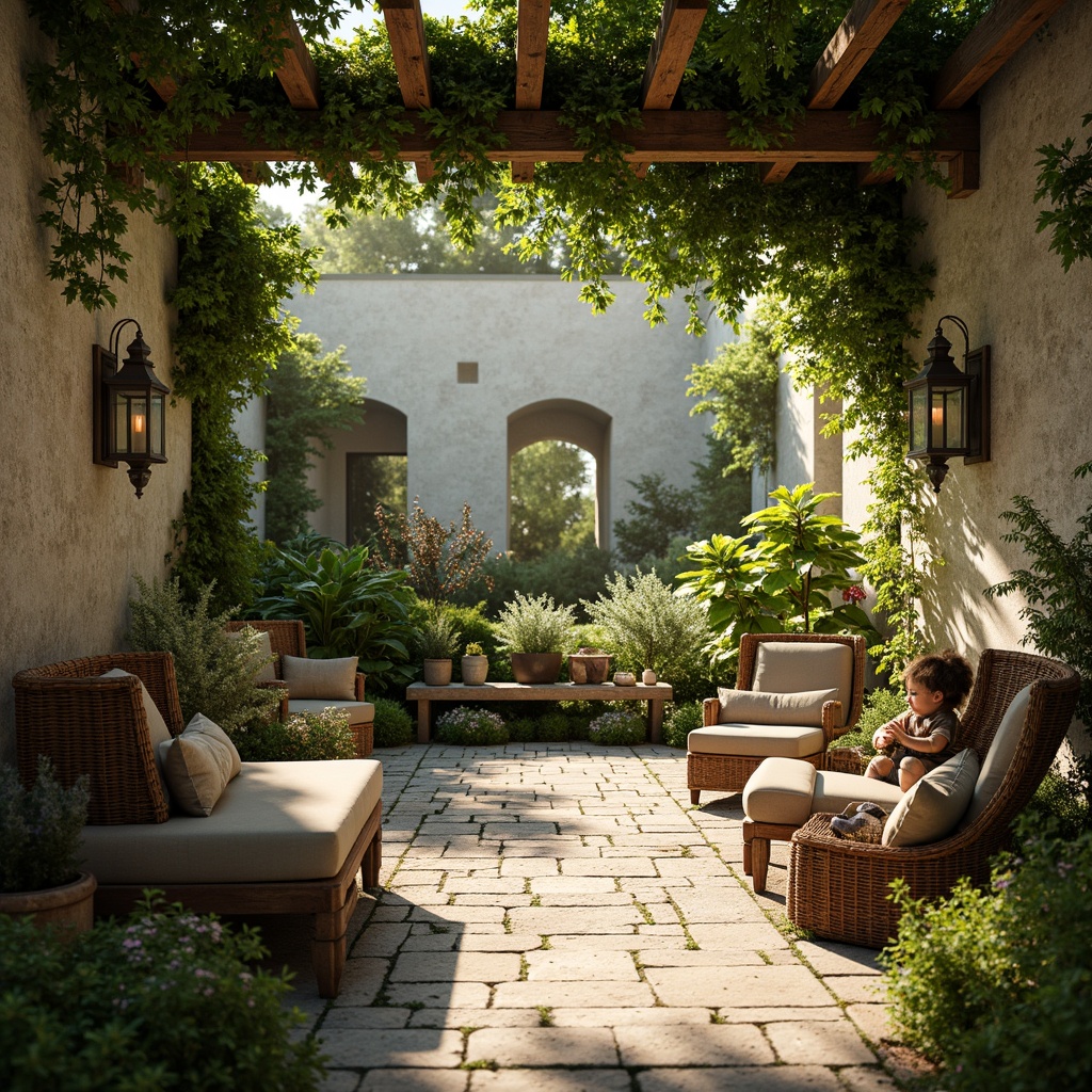 Prompt: Moss-green accents, earthy tones, natural textures, organic shapes, botanical elements, serene atmosphere, warm sunlight, soft shadows, rustic wooden furniture, woven wicker baskets, vintage metal lanterns, distressed stone walls, lush greenery, blooming wildflowers, misty morning light, shallow depth of field, 1/2 composition, realistic rendering, ambient occlusion.