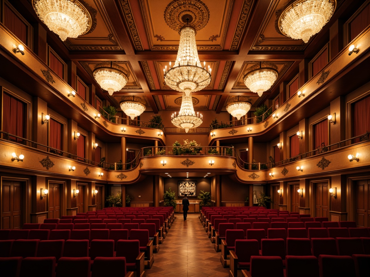 Prompt: Grand auditorium, ornate chandeliers, suspended light fixtures, warm golden lighting, rich wood tones, plush red seats, curved balcony rails, sweeping staircases, dramatic ceiling heights, intricate moldings, crystal sconces, floor lamps, stage spotlights, soft diffused illumination, 1/2 composition, symmetrical framing, realistic reflections, ambient occlusion.