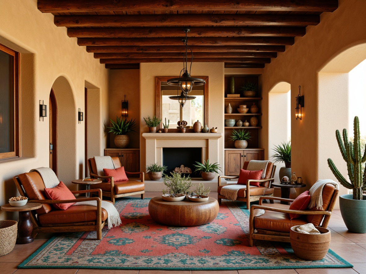 Prompt: Southwestern adobe-style interior, earthy tones, rustic wooden accents, woven textiles, vibrant turquoise and coral hues, natural fiber rugs, plush throw blankets, geometric patterned pottery, leather-bound armchairs, distressed wood coffee tables, wrought iron light fixtures, desert botanicals, cacti arrangements, warm golden lighting, shallow depth of field, 1/2 composition, rustic textures, ambient occlusion.