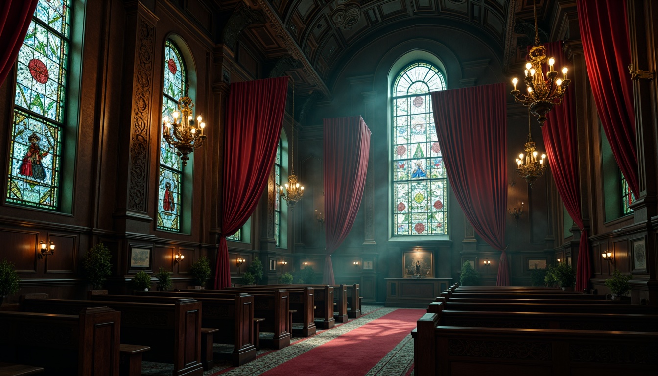 Prompt: Mysterious dark chapel, rich wood tones, ornate stone carvings, grandiose chandeliers, heavy velvet drapes, mystical stained glass windows, intricate ironwork, lavish crimson reds, deep midnight blues, eerie greens, mysterious purples, flickering candlelight, dramatic shadows, atmospheric fog, 3/4 composition, low-key lighting, ornate frames, luxurious fabrics, Baroque-inspired patterns.