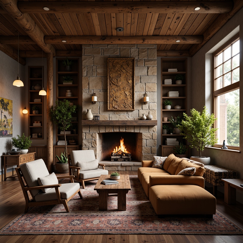 Prompt: Cozy student lounge, rustic wooden furniture, plush sofas, vintage armchairs, distressed coffee tables, natural stone fireplaces, earthy color palette, woven textiles, reclaimed wood accents, pendant lanterns, warm soft lighting, shallow depth of field, 3/4 composition, panoramic view, realistic textures, ambient occlusion.