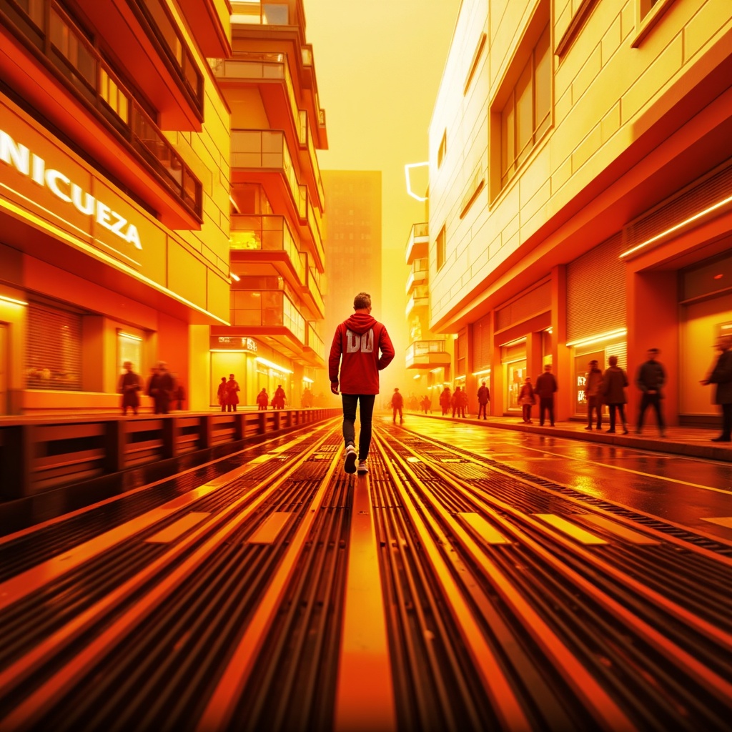 Prompt: Vibrant orange hues, energetic yellow tones, bold red accents, dynamic gradient effects, kinetic typography, futuristic metallic sheens, high-tech reflective surfaces, sleek aerodynamic lines, speedy motion blur, fast-paced rhythmic patterns, urban cityscape backgrounds, modern athletic wear inspirations, sporty graphic elements, motivational quotes, intense sunlight casting dramatic shadows, shallow depth of field, 2.5D composition, cinematic camera angles, realistic textures, ambient occlusion.