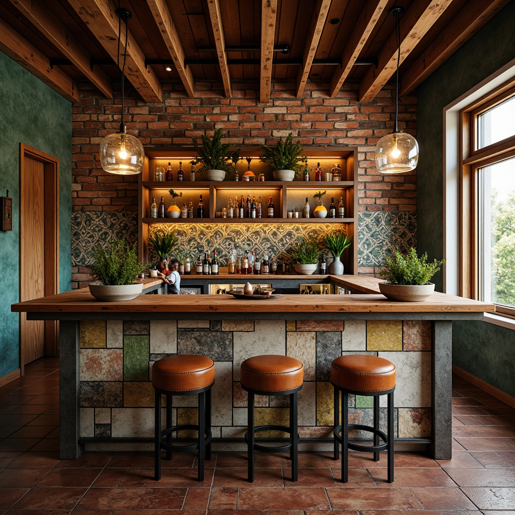 Prompt: Vibrant eclectic home bar, reclaimed wood countertops, industrial metal edging, rich brown leather stools, unique glass pendant lights, exposed brick walls, distressed wooden shelves, colorful Moroccan-inspired tiles, ornate metal accents, warm golden lighting, shallow depth of field, 1/1 composition, realistic textures, ambient occlusion.