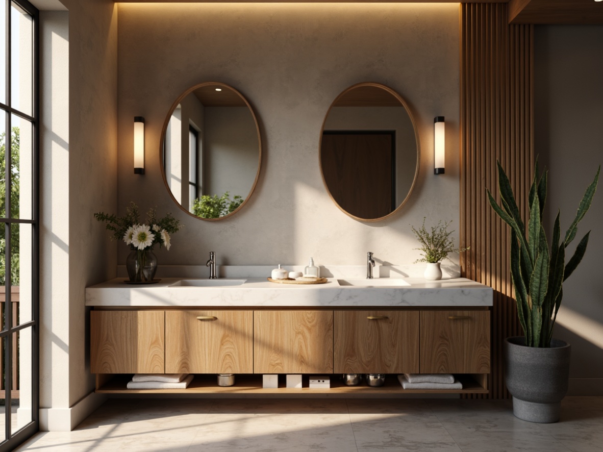 Prompt: Elegant bathroom ambiance, soft warm lighting, freestanding vanity, marble countertop, sleek chrome faucets, oval mirrors, wooden cabinetry, modern sink design, porcelain flooring, subtle texture details, natural stone backsplash, ambient occlusion, 3/4 composition, realistic reflection rendering.