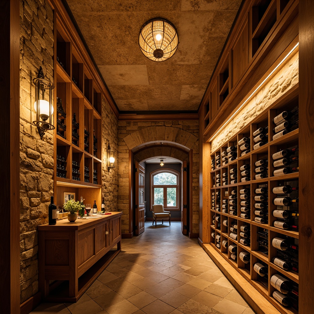 Prompt: Warmly lit wine cellar, rustic wooden racks, earthy stone walls, dimmable LED strip lights, ambient floor lamps, vintage metal chandeliers, soft warm glow, cozy atmosphere, traditional craftsmanship, rich wood tones, distressed finishes, ornate metalwork, natural stone flooring, arched doorways, warm beige colors, subtle shadows, dramatic ceiling height, 1/2 composition, soft focus blur, realistic wine bottles, ambient occlusion.