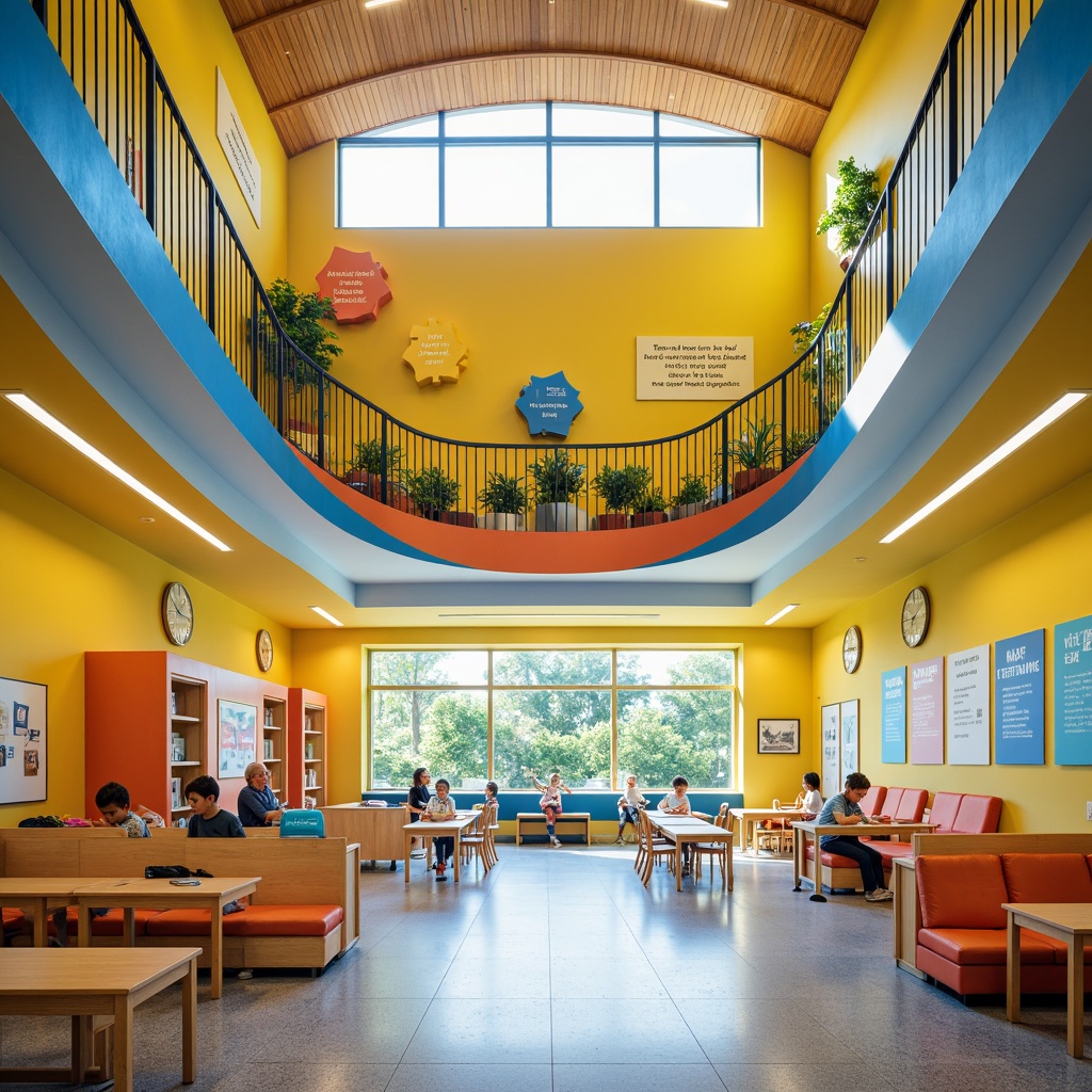 Prompt: Vibrant elementary school, modernist architecture, curved lines, minimalist design, bright color palette, warm yellow walls, calming blue accents, energetic orange highlights, soft greenery, playful geometric patterns, natural wood textures, sleek metal railings, innovative LED lighting, spacious open classrooms, collaborative learning spaces, ergonomic furniture, inspirational quotes, motivational posters, engaging educational graphics, shallow depth of field, 3/4 composition, panoramic view, realistic textures, ambient occlusion.