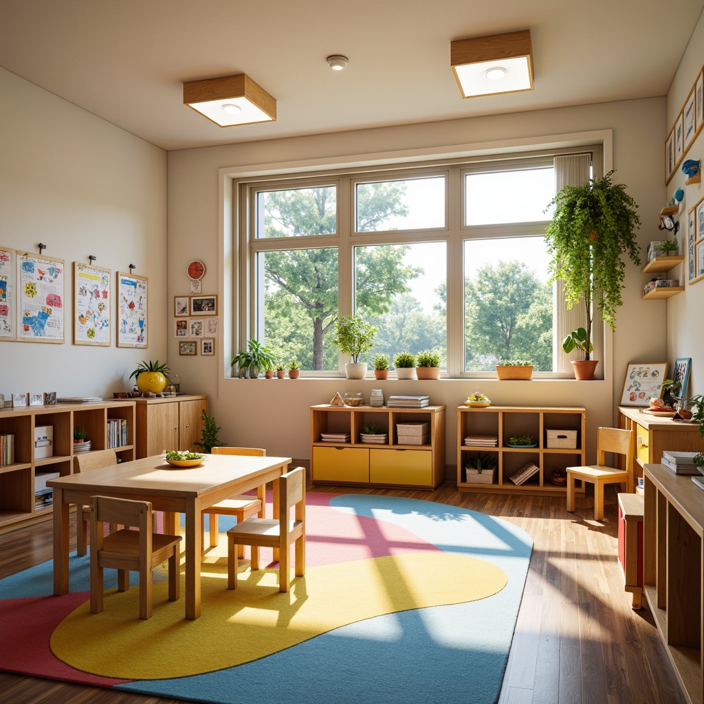 Prompt: Vibrant kindergarten classroom, bright primary colors, soft pastel hues, playful polka dots, whimsical illustrations, educational wall charts, cozy reading nooks, sturdy wooden tables, tiny chairs, colorful rug patterns, natural light pouring in, warm sunny day, shallow depth of field, 1/1 composition, realistic textures, ambient occlusion.