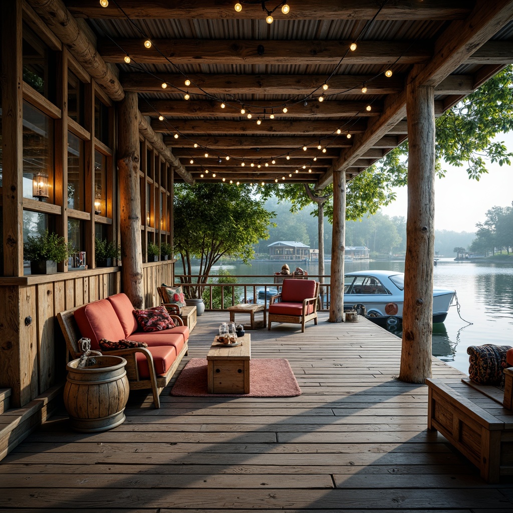 Prompt: Rustic wooden dock, vintage nautical accents, distressed wooden planks, soft warm lighting, cozy interior spaces, plush furnishings, natural textiles, earthy color palette, waterfront views, tranquil lake scenery, lush greenery, overhanging trees, weathered metal roofs, ornate wooden details, whimsical decorative trinkets, nostalgic memorabilia, nautical instruments, ambient misty atmosphere, shallow depth of field, 1/1 composition, realistic reflections, subtle ripples on water.