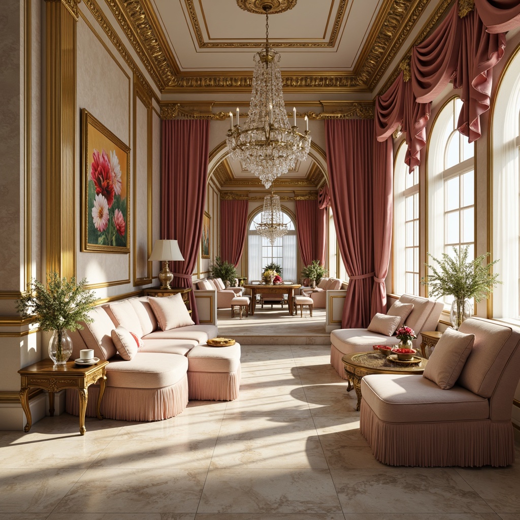 Prompt: Opulent Rococo interior, lavish furnishings, soft pastel hues, delicate florals, ornate gold accents, velvet drapes, intricately carved wooden panels, creamy marble floors, crystal chandeliers, luxurious fabrics, rich jewel tones, subtle sheen, warm candlelight, 3/4 composition, intimate atmosphere, realistic textures, ambient occlusion.