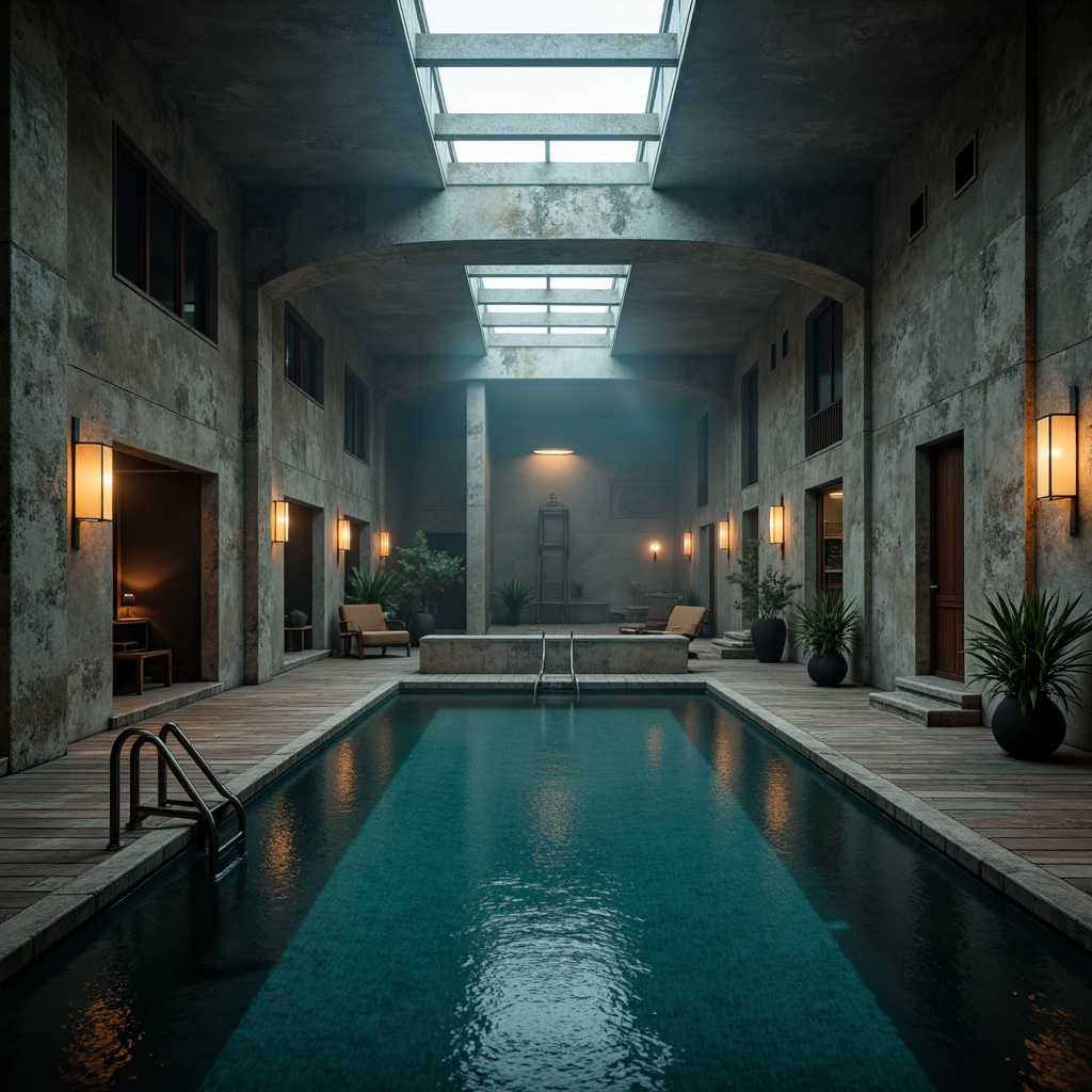 Prompt: Rustic industrial pool area, distressed concrete walls, metallic ladder, wooden planks, vintage diving board, moody ambiance, warm spotlights, soft shadows, dramatic contrast, high-contrast lighting, atmospheric fog, misty effects, cinematic mood, symmetrical composition, 2/3 rule, realistic reflections, subtle color grading.