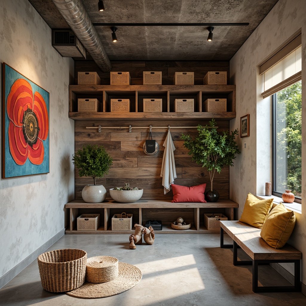 Prompt: Eclectic mudroom, industrial chic storage, reclaimed wood shelving, metal grid baskets, woven wicker bins, abstract artwork, bold colorful accents, distressed finishes, exposed ductwork, polished concrete floors, minimalist benches, modern track lighting, 3/4 composition, shallow depth of field, soft warm glow, natural textures, ambient occlusion.