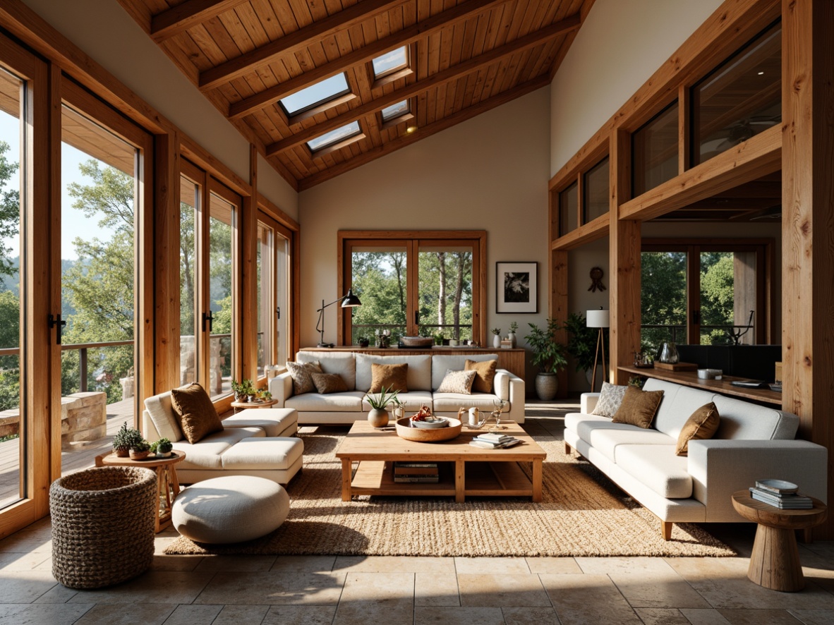 Prompt: Cozy craftsman interior, warm wood accents, large windows, clerestory windows, skylights, sliding glass doors, natural stone flooring, rustic wooden beams, earthy color palette, soft warm lighting, shallow depth of field, 1/1 composition, panoramic view, realistic textures, ambient occlusion, plush furniture, woven textiles, handmade decorations, vintage accessories, botanical patterns, nature-inspired motifs.