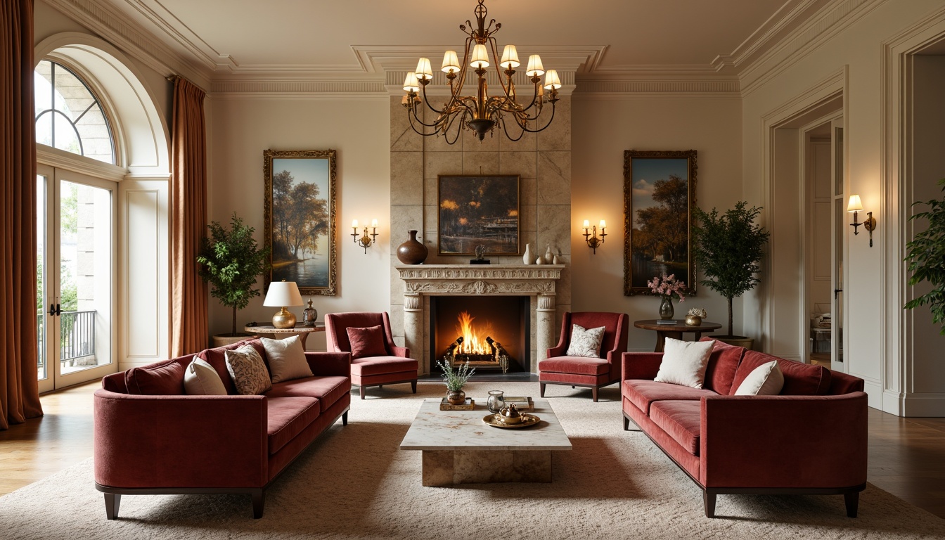 Prompt: Luxurious living room, plush velvet sofas, rich wood accents, marble coffee tables, statement chandeliers, heavy drapery, floor-to-ceiling windows, natural stone fireplaces, warm beige walls, creamy white trim, soft golden lighting, 1/1 composition, intimate atmosphere, realistic textures, ambient occlusion.