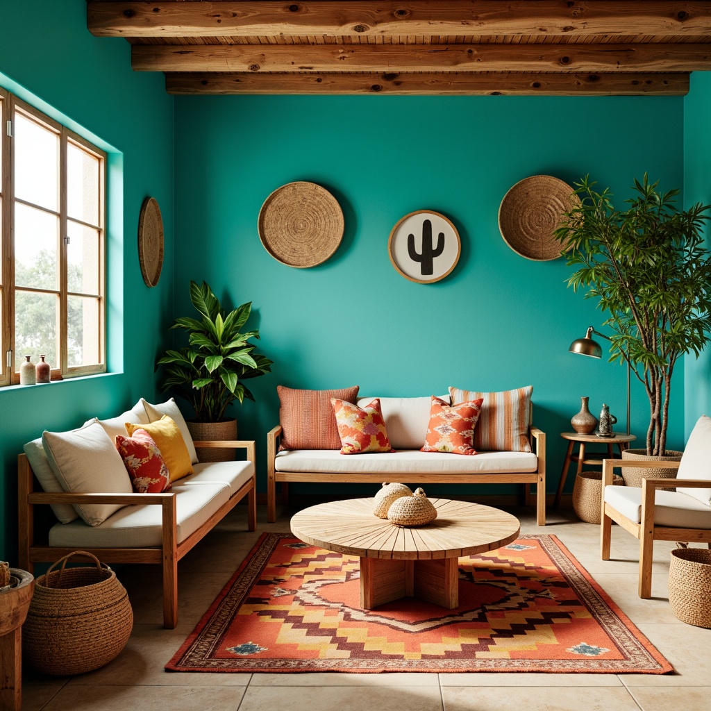 Prompt: Vibrant turquoise walls, rustic wooden furniture, woven rattan baskets, colorful Aztec-inspired textiles, plush cactus-shaped pillows, desert-themed wall art, geometric-patterned rug, warm sandy beige flooring, south-facing windows, bright natural light, 1/2 composition, shallow depth of field, soft focus, warm color palette.