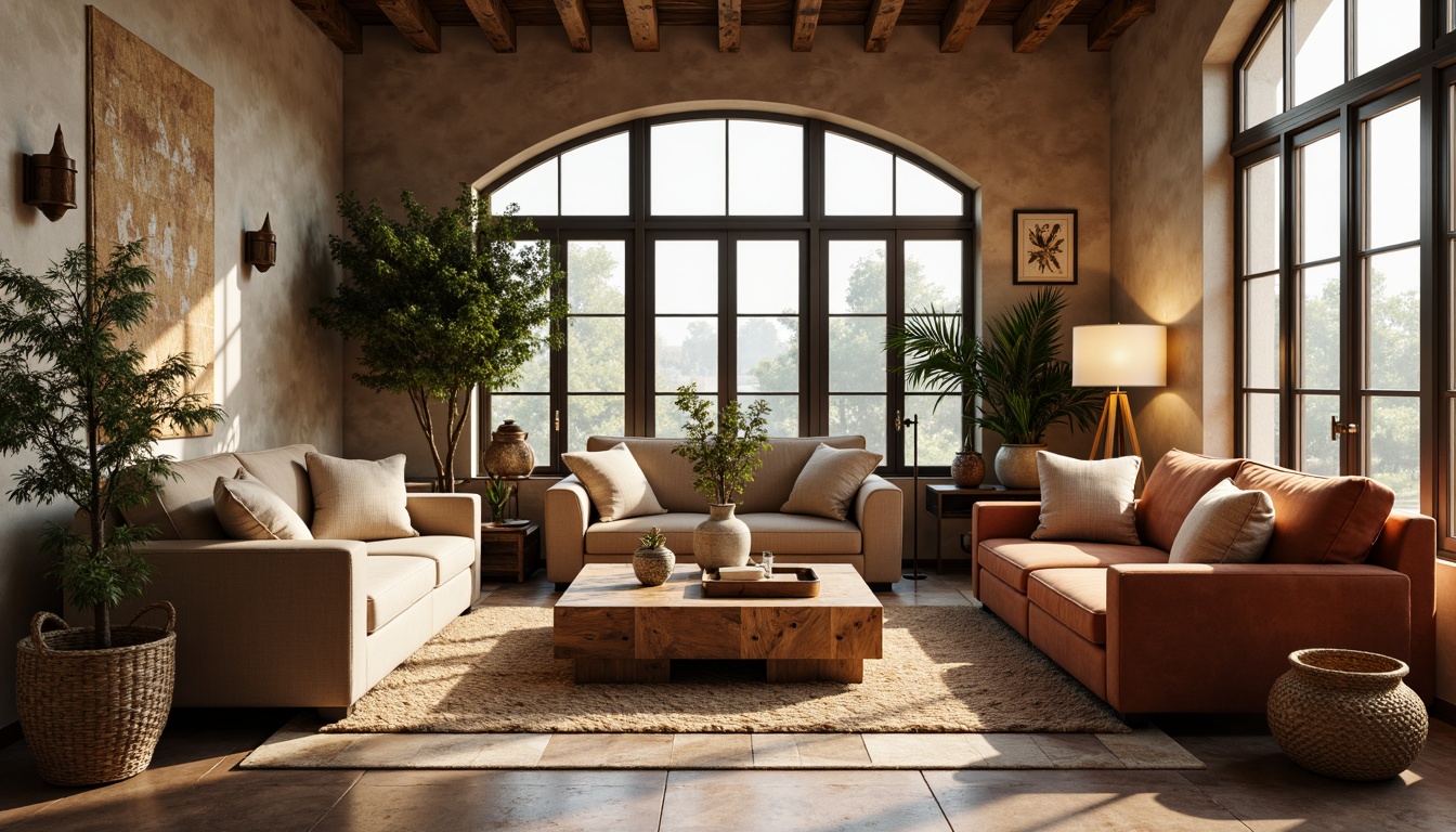 Prompt: Cozy living room, plush sofas, velvet armchairs, reclaimed wood coffee tables, woven baskets, Moroccan-inspired tiles, soft warm lighting, floor lamps, potted plants, natural textiles, oversized windows, minimal ornamentation, rustic metal accents, earthy color palette, comfortable seating arrangements, conversational furniture layout, 1/1 composition, shallow depth of field, realistic fabric textures.