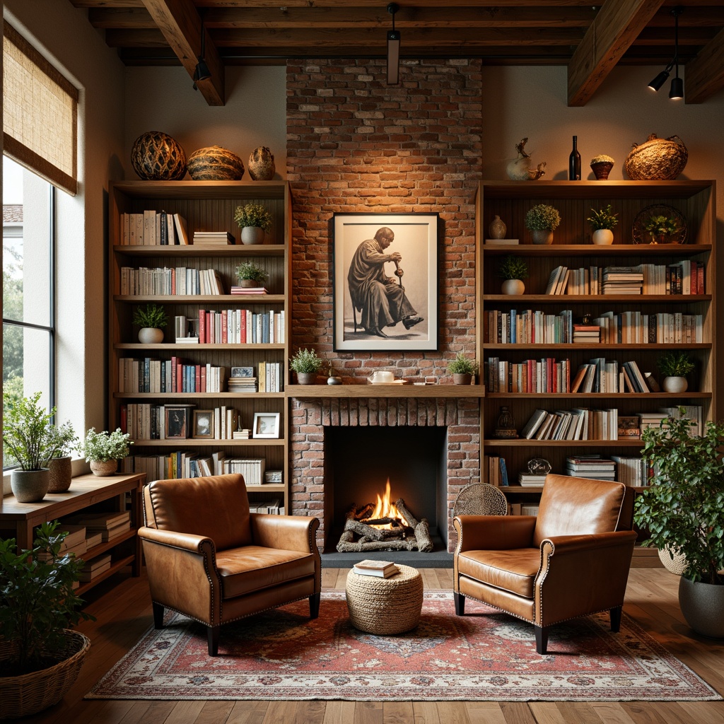 Prompt: Cozy bookstore interior, warm wooden shelves, rich leather armchairs, vintage book collections, soft warm lighting, earthy color tones, natural textiles, woven baskets, distressed wood accents, industrial metal beams, modern minimalistic decor, eclectic artwork, floor-to-ceiling bookcases, comfortable reading nooks, plush area rugs, warm beige walls, calming ambiance, shallow depth of field, 2/3 composition, realistic textures, ambient occlusion.