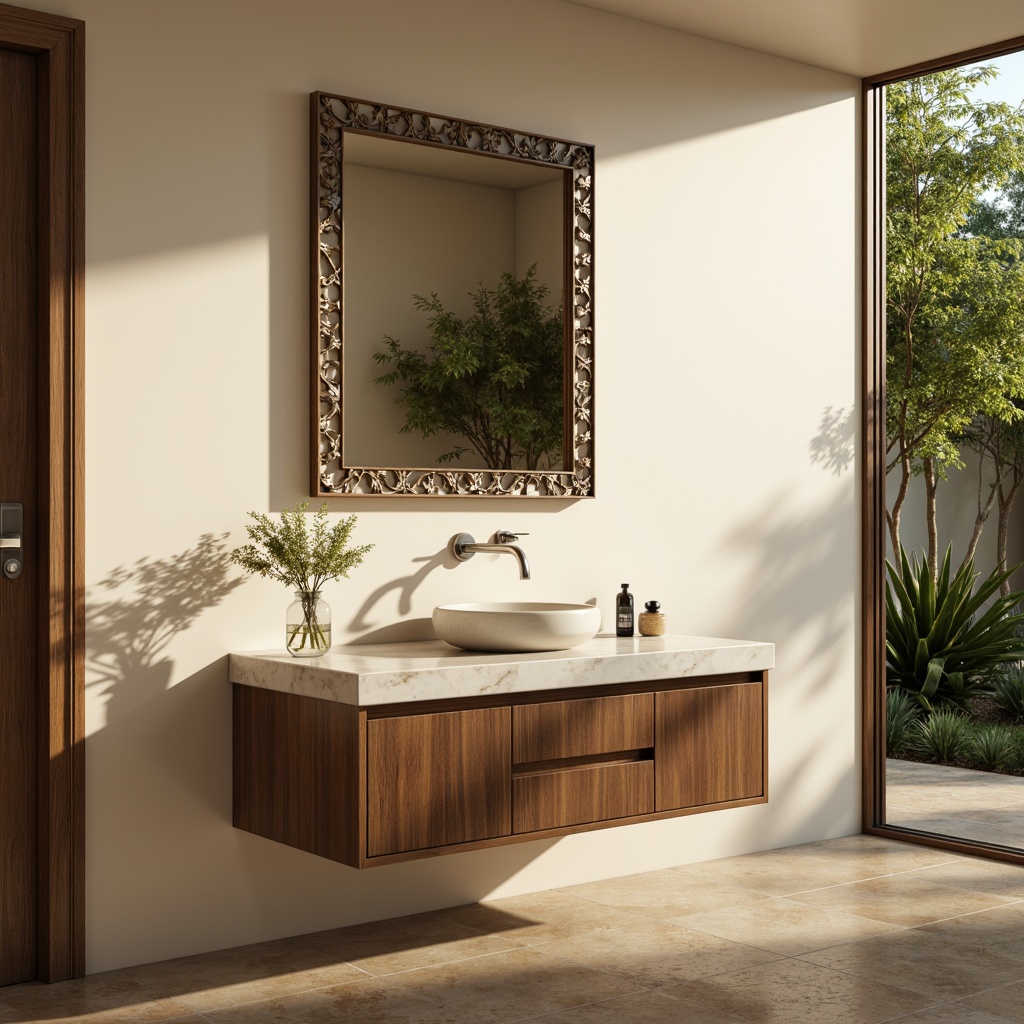 Prompt: Elegant bathroom vanity, soft golden lighting, marble countertop, ornate mirror frame, chrome faucet, porcelain sink, wooden cabinet, modern minimalist design, wall-mounted installation, floor-standing option, cream-colored walls, decorative molding, lush greenery, natural stone flooring, warm beige tones, 3/4 composition, shallow depth of field, realistic textures.