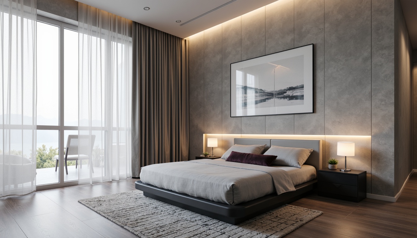 Prompt: Minimalist bedroom, low-profile bed frame, soft gray upholstery, velvet pillows, matte black nightstands, geometric-patterned rug, floor-to-ceiling windows, sheer white curtains, abstract artwork, polished chrome accents, LED strip lighting, ambient dimmable illumination, 1/1 composition, shallow depth of field, realistic reflections, soft box shadows.