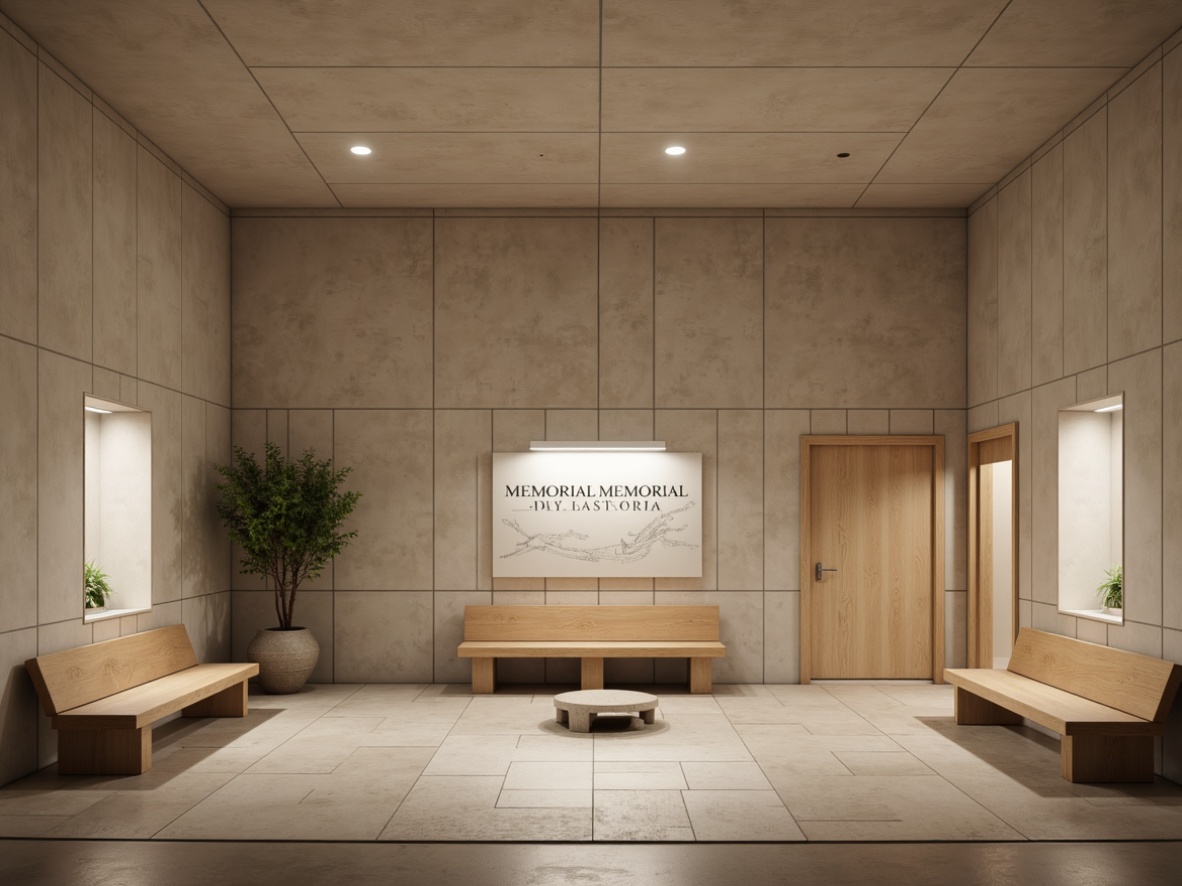 Prompt: Simple memorial center interior, clean lines, minimal ornamentation, neutral color palette, wooden benches, subtle lighting, natural stone flooring, elegant typography, quiet contemplative atmosphere, soft shadows, shallow depth of field, 1/1 composition, realistic textures, ambient occlusion.