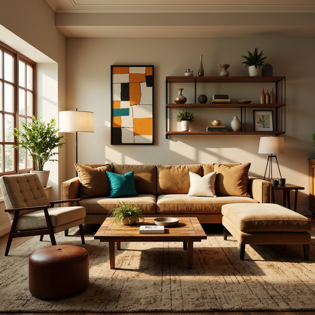 Prompt: Cozy living room, plush velvet sofa, reclaimed wood coffee table, soft golden lighting, warm beige walls, comfortable oversized armchairs, elegant floor lamps, rich brown leather ottoman, vibrant turquoise accent pillows, natural fiber rugs, minimalist metal frames, functional shelving units, airy window treatments, tranquil atmosphere, 1/1 composition, soft focus, realistic textures.