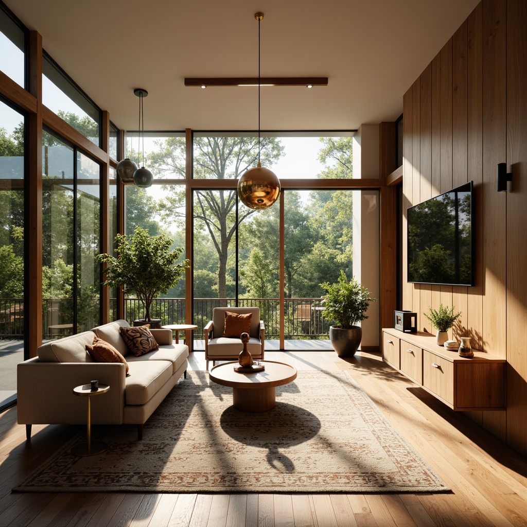 Prompt: Mid-century modern living room, retro-inspired lighting fixtures, spherical pendant lamps, linear chandeliers, minimalist sconces, warm-toned wooden furniture, natural textiles, geometric-patterned rugs, large windows, sliding glass doors, lush greenery, sunny afternoon, soft diffused lighting, 1/1 composition, realistic textures, ambient occlusion.