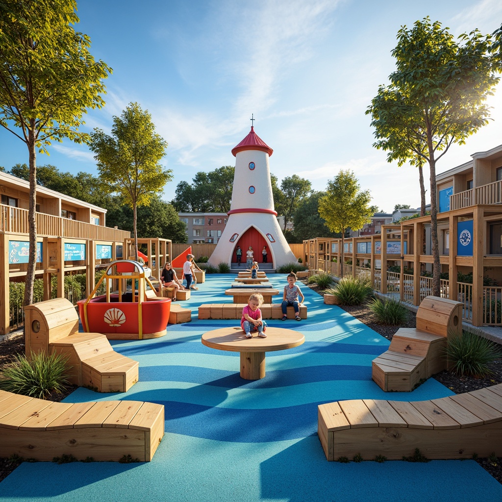 Prompt: Vibrant kindergarten playground, coastal theme, ocean-inspired colors, driftwood accents, sailboat-shaped climbing frames, wave-patterned rubber flooring, sea creature murals, nautical rope barriers, treasure chest storage bins, shell-adorned benches, sensory play areas, beach-themed sandboxes, tactile play tables, educational signage, whimsical lighthouse structures, sunny day, soft warm lighting, shallow depth of field, 3/4 composition, panoramic view, realistic textures, ambient occlusion.