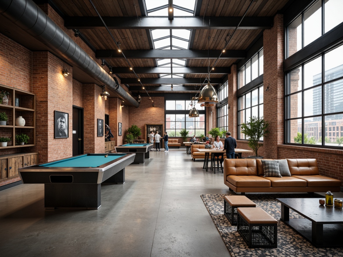 Prompt: Exposed brick walls, industrial metal beams, concrete floors, modern pool tables, sleek metal chairs, reclaimed wood benches, vintage factory lights, distressed leather sofas, metal mesh coffee tables, Edison bulb pendants, urban landscape views, natural stone accents, minimalist decor, functional shelving units, industrial-style lanterns, distressed wood crates, eclectic decorative items, open space layout, overhead skylights, abundant natural light, soft warm lighting, shallow depth of field, 3/4 composition, realistic textures.