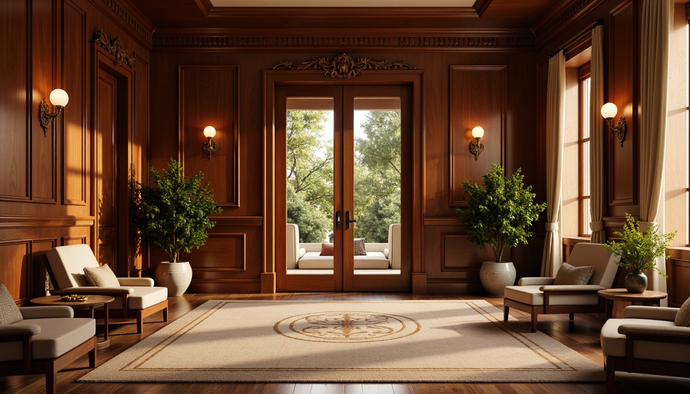 Prompt: Elegant entrance, rich wood tones, warm golden lighting, polished wooden doors, intricate carvings, ornate moldings, luxurious furnishings, plush area rugs, sophisticated interior design, modern minimalist aesthetic, high-gloss finishes, subtle grain textures, natural material palette, inviting ambiance, shallow depth of field, 1/1 composition, realistic reflections, ambient occlusion.