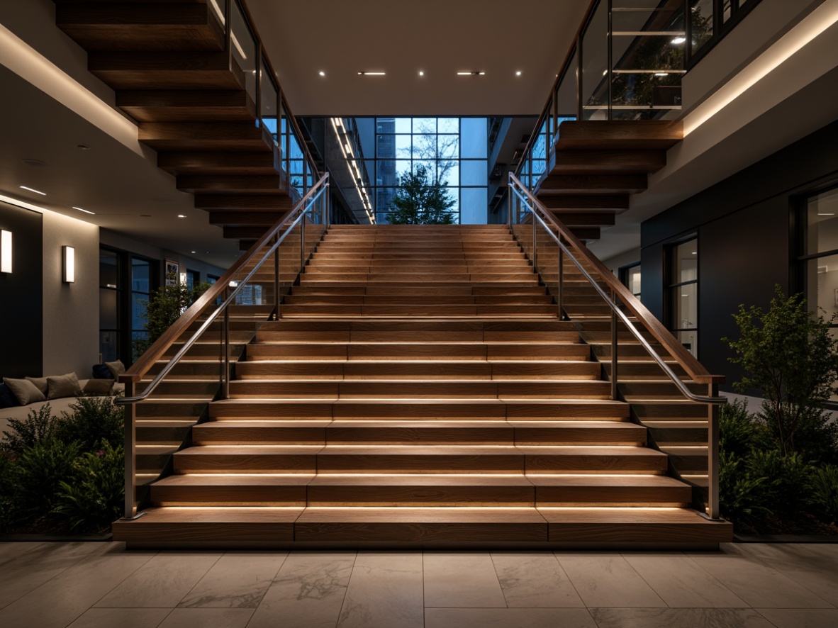 Prompt: Luxurious staircase, sleek metal handrails, minimalist wooden treads, low-rise steps, LED strip lighting, modern geometric patterns, polished chrome accents, glass balustrades, open risers, floating stairs, cantilevered landings, high-gloss finishes, bold color contrasts, dramatic shadowing, 1/2 composition, soft focus effect, atmospheric depth of field.