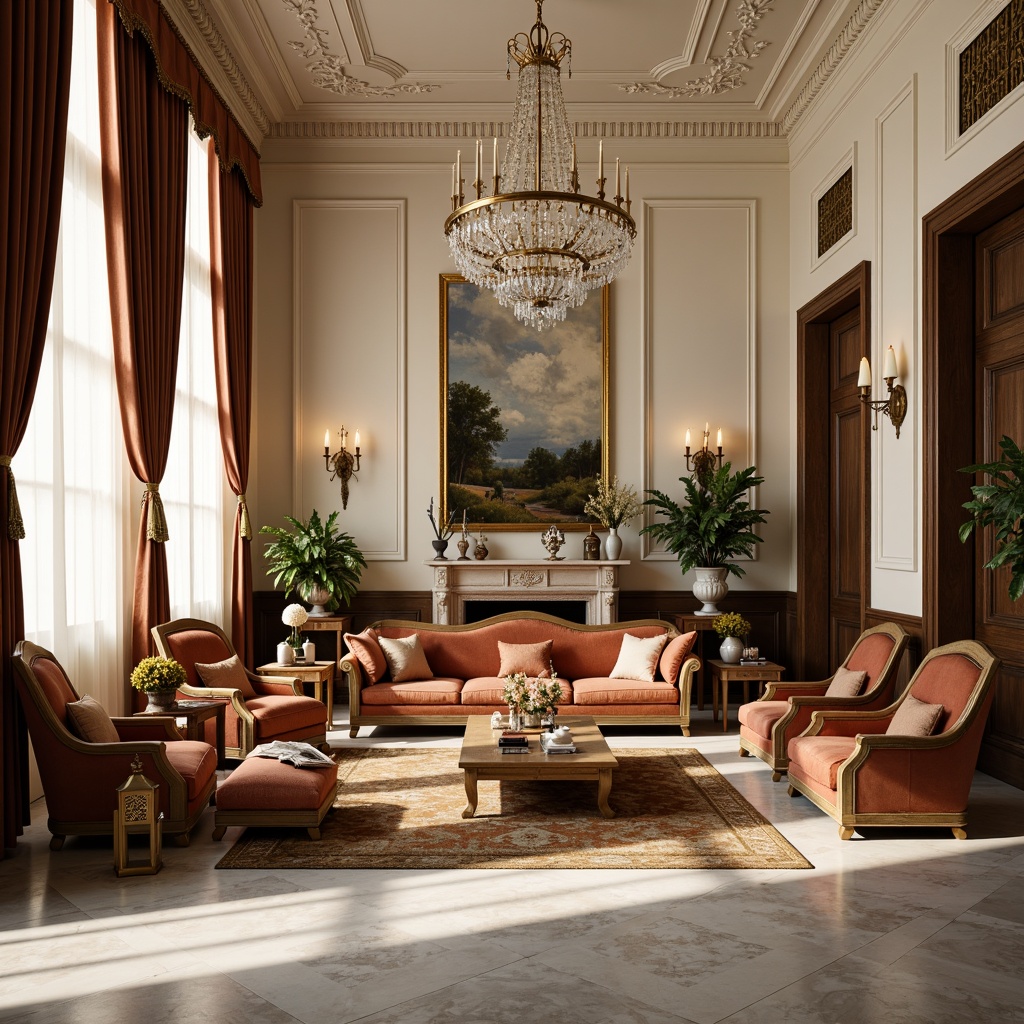 Prompt: Elegant neoclassical interior, refined furnishings, ornate wooden furniture, velvet upholstery, gilded accents, crystal chandeliers, marble flooring, grandiose columns, intricate moldings, soft warm lighting, shallow depth of field, 1/1 composition, symmetrical arrangement, luxurious fabrics, subtle patterns, curved lines, antique decorative pieces, bronze hardware, cream-colored walls, rich wood tones, sophisticated ambiance, realistic textures, ambient occlusion.