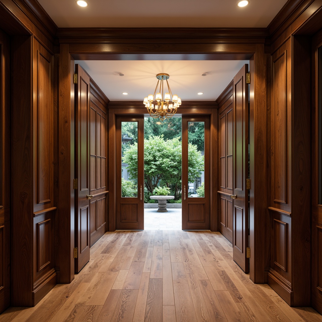 Prompt: Luxurious entrance hall, wooden floorboards, rich dark wood tones, high-gloss finish, metallic door handles, sleek glass doors, modern chandelier, warm ambient lighting, inviting atmosphere, natural textures, realistic wood grains, detailed carvings, ornate moldings, sophisticated color palette, harmonious contrast, 3/4 composition, shallow depth of field, soft focus effect.