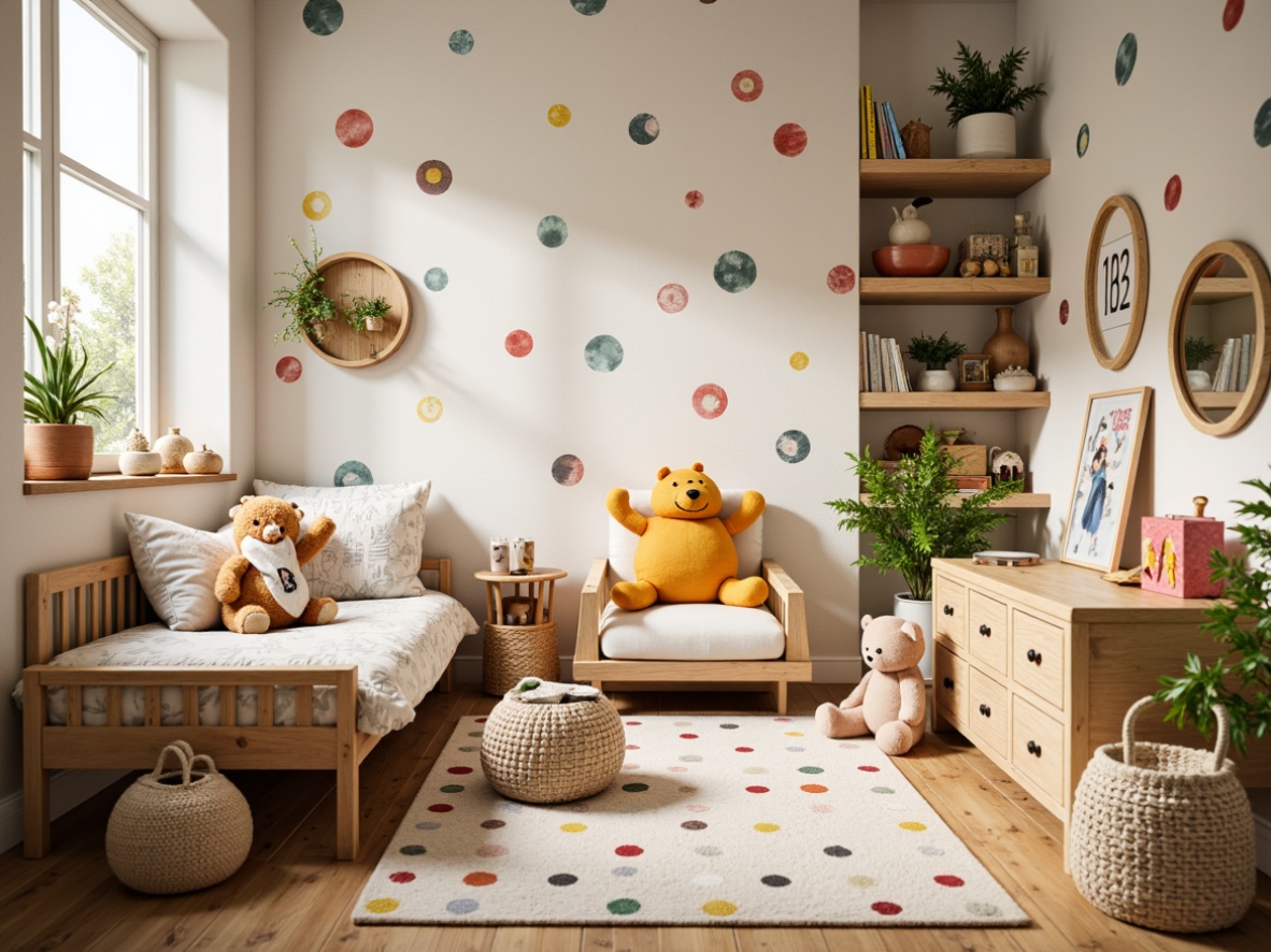 Prompt: Whimsical children's bedroom, vibrant color palette, playful polka dots, soft plush toys, wooden furniture, distressed finishes, creamy whites, warm beige tones, natural woven textiles, fun patterned rugs, oversized stuffed animals, colorful wall decals, 3D decorative shapes, string lights, cozy reading nooks, built-in shelving units, rustic wooden accents, earthy terracotta pots, lively greenery, gentle warm lighting, shallow depth of field, 1/1 composition, realistic textures, ambient occlusion.