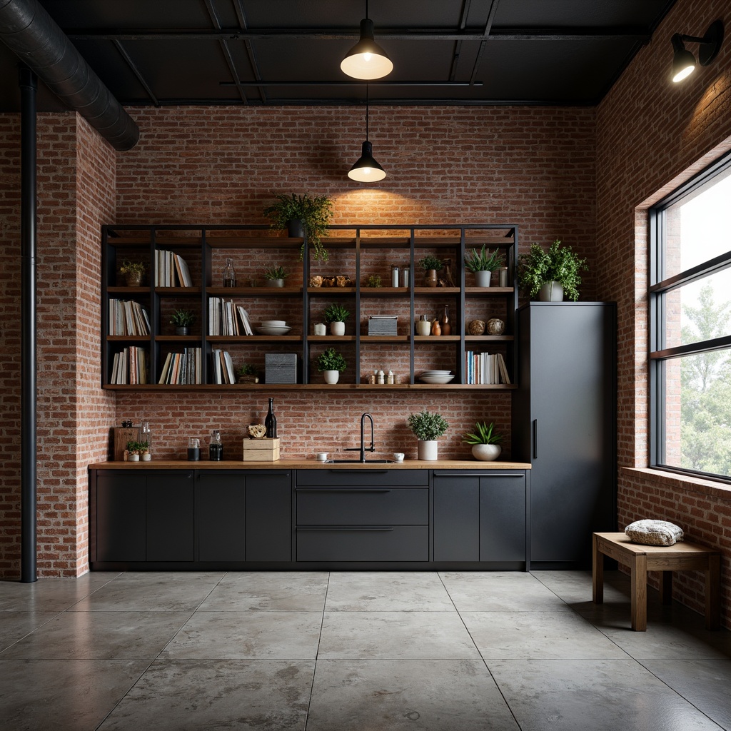 Prompt: Industrial chic storage room, exposed brick walls, metal shelving units, reclaimed wood accents, modern minimalist decor, sleek metal cabinets, industrial-style lighting fixtures, polished concrete floors, urban loft atmosphere, moody color palette, dramatic shadows, softbox lighting, 1/2 composition, realistic textures, ambient occlusion.